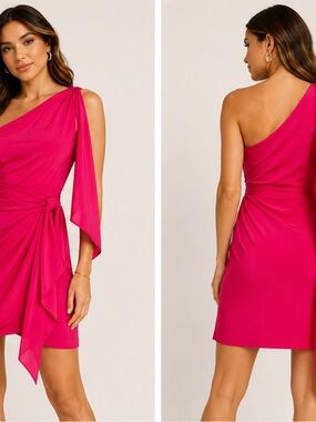 Fuchsia One-Shoulder Tie-Waist Cocktail Dress